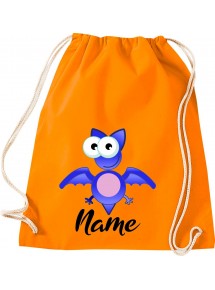 Kinder Gymsack, Fledermaus Bat mit Wunschnamen Tiere Tier Natur, Gym Sportbeutel, orange