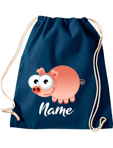 Kinder Gymsack, Schwein Ferkel Pig mit Wunschnamen Tiere Tier Natur, Gym Sportbeutel, blau