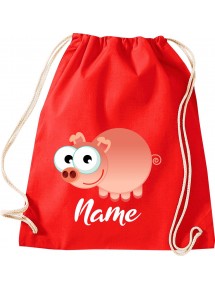 Kinder Gymsack, Schwein Ferkel Pig mit Wunschnamen Tiere Tier Natur, Gym Sportbeutel, rot