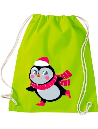 Kinder Gymsack, Pinguin Penguin Weihnachten Christmas Winter Schnee Tiere Tier Natur, Gym Sportbeutel, lime