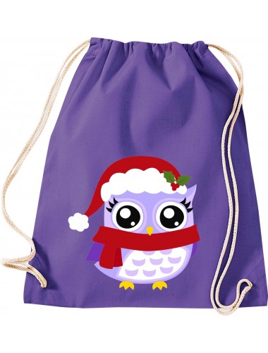 Kinder Gymsack, Eule Owl Weihnachten Christmas Winter Schnee Tiere Tier Natur, Gym Sportbeutel, purple