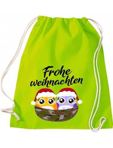 Kinder Gymsack, Frohe Weihnachten Eule Merry Christmas, Gym Sportbeutel, lime