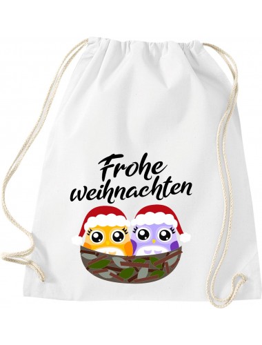 Kinder Gymsack, Frohe Weihnachten Eule Merry Christmas, Gym Sportbeutel, weiss