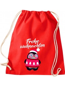 Kinder Gymsack, Frohe Weihnachten Pinguin Merry Christmas, Gym Sportbeutel, rot
