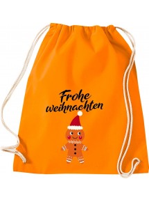 Kinder Gymsack, Frohe Weihnachten Lebkuchenmänchen Merry Christmas, Gym Sportbeutel, orange