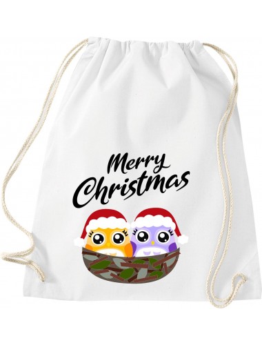 Kinder Gymsack, Merry Christmas Eule Frohe Weihnachten, Gym Sportbeutel, weiss