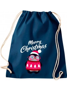 Kinder Gymsack, Merry Christmas Pinguin Frohe Weihnachten, Gym Sportbeutel, blau