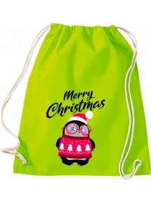 Kinder Gymsack, Merry Christmas Pinguin Frohe Weihnachten, Gym Sportbeutel, lime