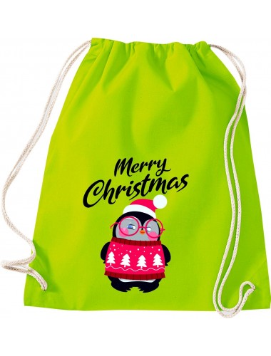 Kinder Gymsack, Merry Christmas Pinguin Frohe Weihnachten, Gym Sportbeutel, lime