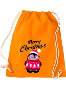Kinder Gymsack, Merry Christmas Pinguin Frohe Weihnachten, Gym Sportbeutel, orange