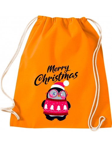 Kinder Gymsack, Merry Christmas Pinguin Frohe Weihnachten, Gym Sportbeutel, orange