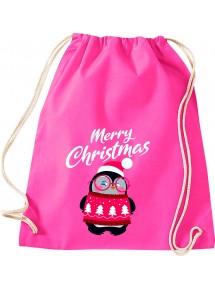 Kinder Gymsack, Merry Christmas Pinguin Frohe Weihnachten, Gym Sportbeutel, pink