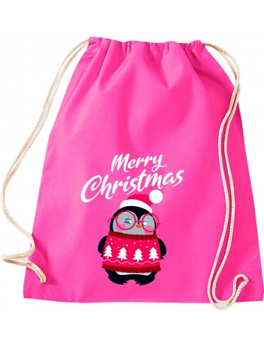 Kinder Gymsack, Merry Christmas Pinguin Frohe Weihnachten, Gym Sportbeutel, pink