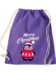 Kinder Gymsack, Merry Christmas Pinguin Frohe Weihnachten, Gym Sportbeutel, purple