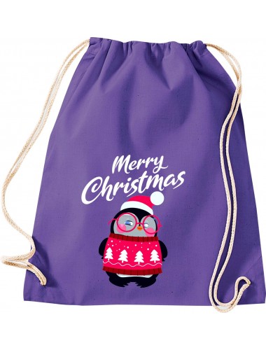 Kinder Gymsack, Merry Christmas Pinguin Frohe Weihnachten, Gym Sportbeutel, purple