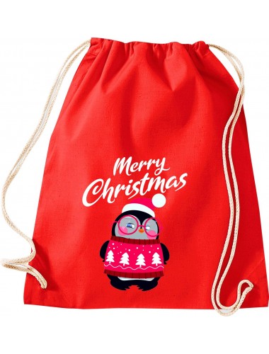 Kinder Gymsack, Merry Christmas Pinguin Frohe Weihnachten, Gym Sportbeutel, rot