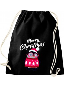 Kinder Gymsack, Merry Christmas Pinguin Frohe Weihnachten, Gym Sportbeutel, schwarz