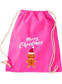 Kinder Gymsack, Merry Christmas Lebkuchenmänchen Frohe Weihnachten, Gym Sportbeutel, pink