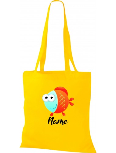 Kinder Tasche, Fisch Fish mit Wunschnamen Tiere Tier Natur, Tasche Beutel Shopper, gelb