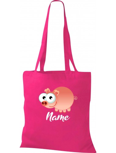 Kinder Tasche, Schwein Ferkel Pig mit Wunschnamen Tiere Tier Natur, Tasche Beutel Shopper, fuchsia