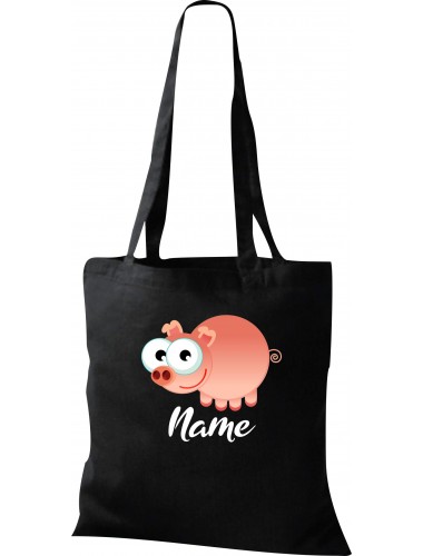 Kinder Tasche, Schwein Ferkel Pig mit Wunschnamen Tiere Tier Natur, Tasche Beutel Shopper, schwarz