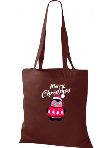 Kinder Tasche, Merry Christmas Pinguin Frohe Weihnachten, Tasche Beutel Shopper, braun