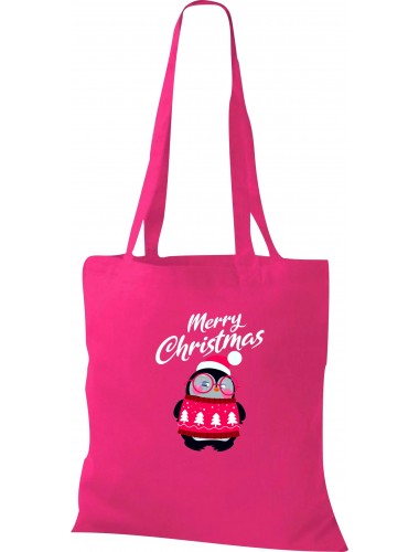 Kinder Tasche, Merry Christmas Pinguin Frohe Weihnachten, Tasche Beutel Shopper, fuchsia