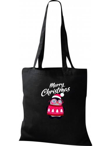 Kinder Tasche, Merry Christmas Pinguin Frohe Weihnachten, Tasche Beutel Shopper, schwarz