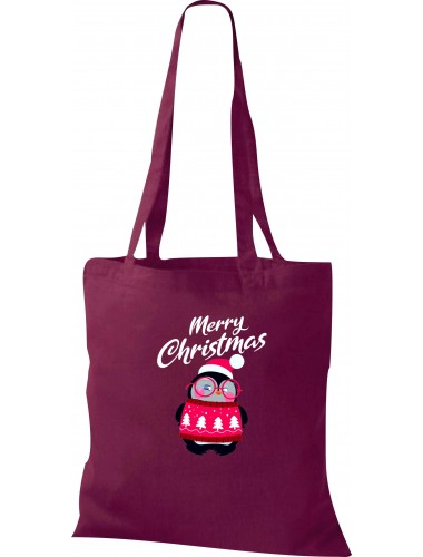 Kinder Tasche, Merry Christmas Pinguin Frohe Weihnachten, Tasche Beutel Shopper, weinrot