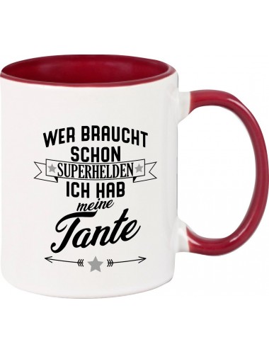 Kaffeepott Becher, Wer braucht schon Superhelden ich hab meine Tante, Tasse Kaffee Tee, burgundy