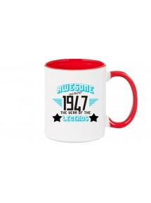 Kaffeepott beidseitig mit Motiv bedruckt Awesome since 1947 the Year of the Legends, Farbe rot