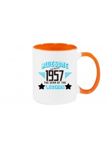 Kaffeepott beidseitig mit Motiv bedruckt Awesome since 1957 the Year of the Legends, Farbe orange