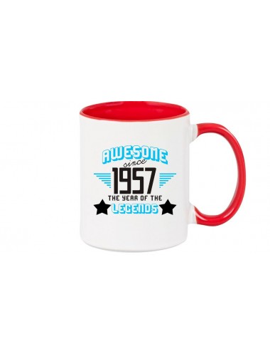 Kaffeepott beidseitig mit Motiv bedruckt Awesome since 1957 the Year of the Legends, Farbe rot