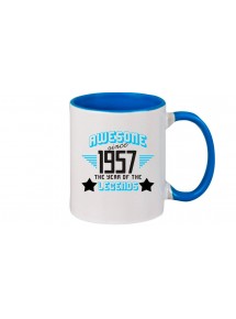 Kaffeepott beidseitig mit Motiv bedruckt Awesome since 1957 the Year of the Legends, Farbe royal