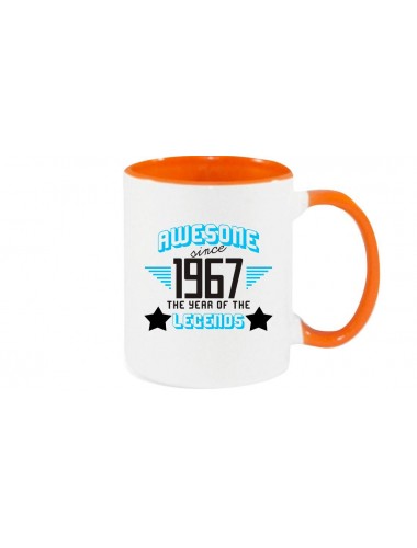 Kaffeepott beidseitig mit Motiv bedruckt Awesome since 1967 the Year of the Legends, Farbe orange