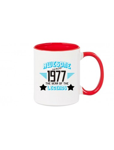 Kaffeepott beidseitig mit Motiv bedruckt Awesome since 1977 the Year of the Legends, Farbe rot