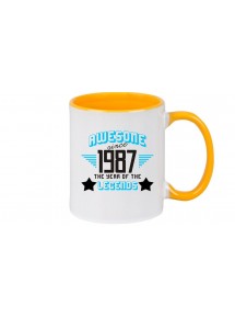 Kaffeepott beidseitig mit Motiv bedruckt Awesome since 1987 the Year of the Legends, Farbe gelb
