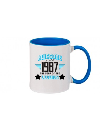 Kaffeepott beidseitig mit Motiv bedruckt Awesome since 1987 the Year of the Legends, Farbe royal