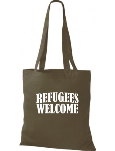 Stoffbeutell Refugees Welcome, Flüchtlinge willkommen, Bleiberecht  Farbe olive