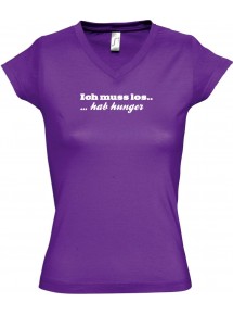 sportlisches Ladyshirt mit V-Ausschnitt kultiger Spruch ich muss los  hab Hunger , Farbe lila, Größe L