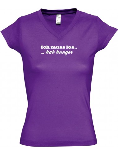 sportlisches Ladyshirt mit V-Ausschnitt kultiger Spruch ich muss los  hab Hunger , Farbe lila, Größe L