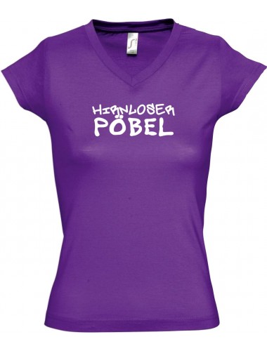 sportlisches Ladyshirt mit V-Ausschnitt kultiger Spruch Hirnloser Pöbel, Farbe lila, Größe L