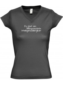 sportlisches Ladyshirt mit V-Ausschnitt kultiger Spruch du bist ein bildungsresistenter Intelligenzallergiker, Farbe grau, Grö