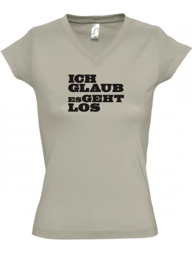 sportlisches Ladyshirt mit V-Ausschnitt kultiger Spruch ich glaub es geht los, Farbe khaki, Größe L