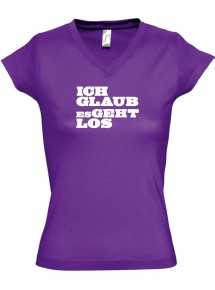 sportlisches Ladyshirt mit V-Ausschnitt kultiger Spruch ich glaub es geht los, Farbe lila, Größe L