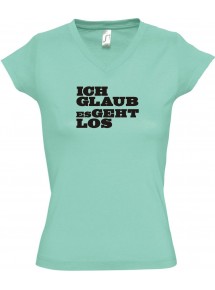 sportlisches Ladyshirt mit V-Ausschnitt kultiger Spruch ich glaub es geht los, Farbe mint, Größe L