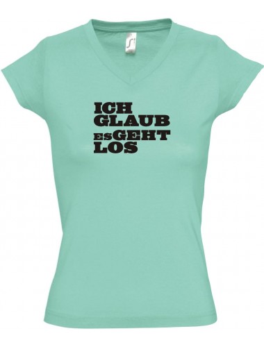 sportlisches Ladyshirt mit V-Ausschnitt kultiger Spruch ich glaub es geht los, Farbe mint, Größe L