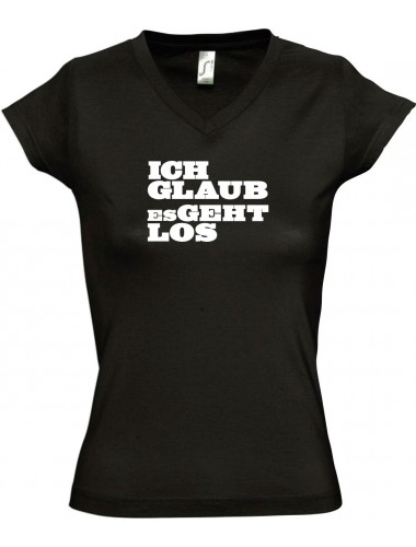 sportlisches Ladyshirt mit V-Ausschnitt kultiger Spruch ich glaub es geht los, Farbe schwarz, Größe L
