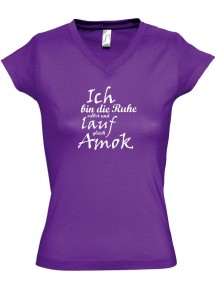 sportlisches Ladyshirt mit V-Ausschnitt kultiger Spruch Ich bin die Ruhe selbst und lauf gleich Amok, Farbe lila, Größe L