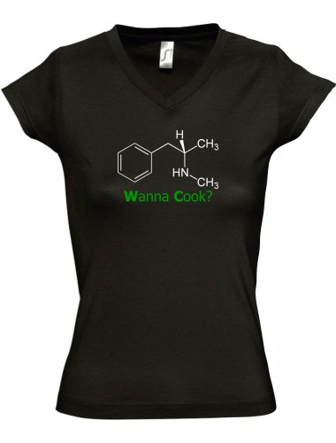 sportlisches Ladyshirt mit V-Ausschnitt Wanna Cook Srukturformel, Farbe schwarz, Größe L